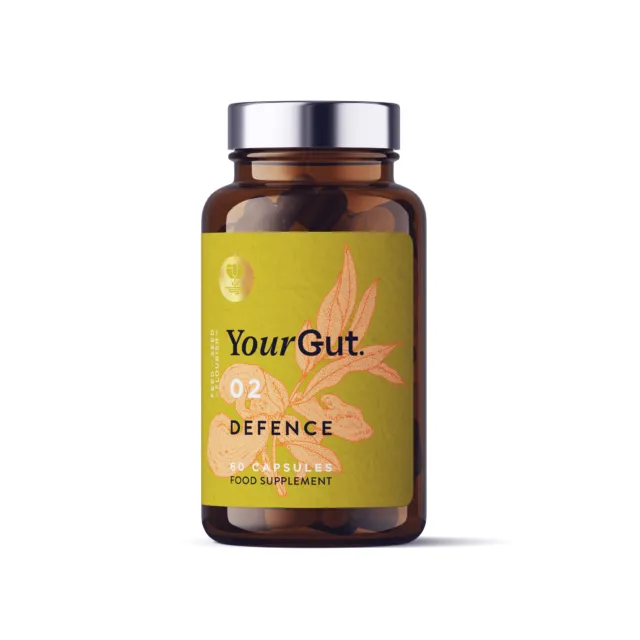 Brown bottle with "YourGut 02 Defence" label, 60 capsules, food supplement.
