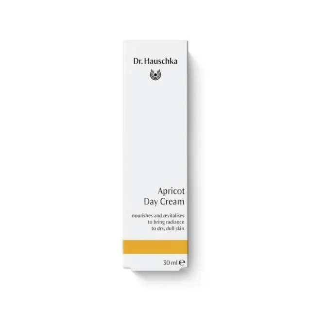 Dr. Hauschka Apricot Day Cream box, 30 ml, white with orange stripe.