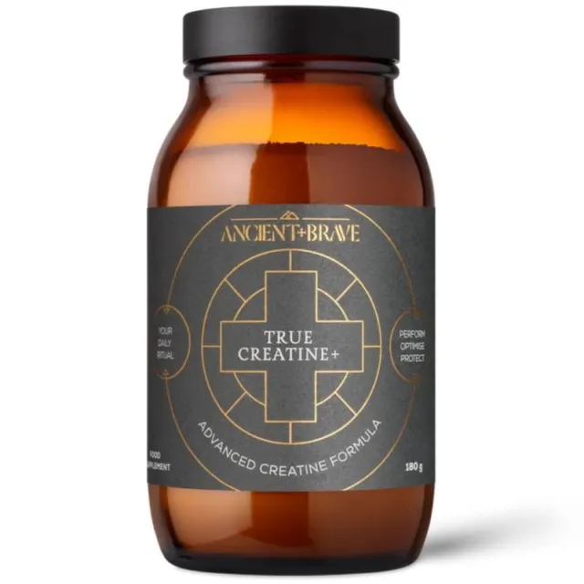 Brown jar with "True Creatine+" label, 180g, by Ancient + Brave.