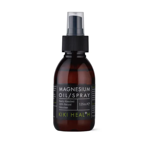 KIKI Health Magnesium Oil Spray, 125ml, brown bottle with black label.