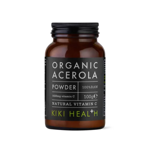 Brown jar labelled "Organic Acerola Powder" by Kiki Health, 100g.