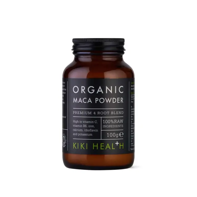 Brown jar of Kiki Health Organic Maca Powder, 100g, with vitamin and ingredient details.