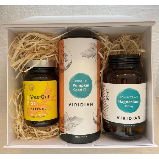 Three supplements in a box: YourGut Defence, Pumpkin Seed Oil, Magnesium 300mg.