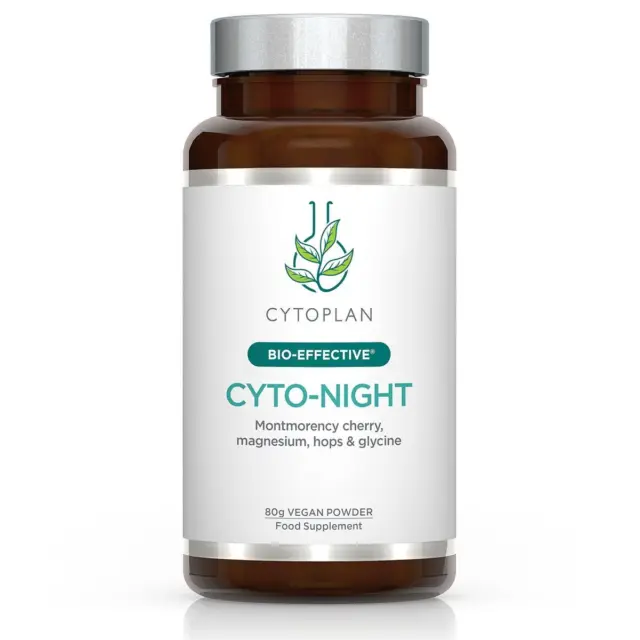 Cyto-Night supplement with Montmorency cherry, magnesium, hops, and glycine, 80g vegan powder.