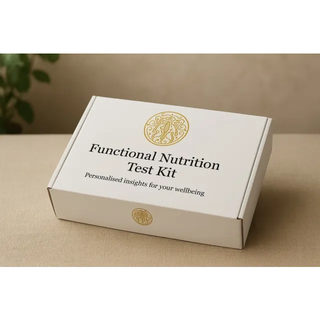 Functional Nutrition Test Kit box on a beige surface with a gold emblem.