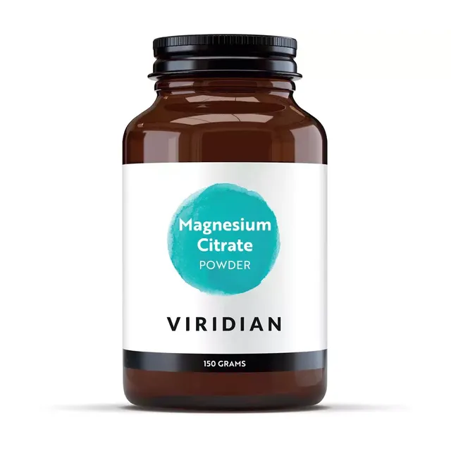 Brown jar labelled "Magnesium Citrate Powder" by Viridian, 150 grams.