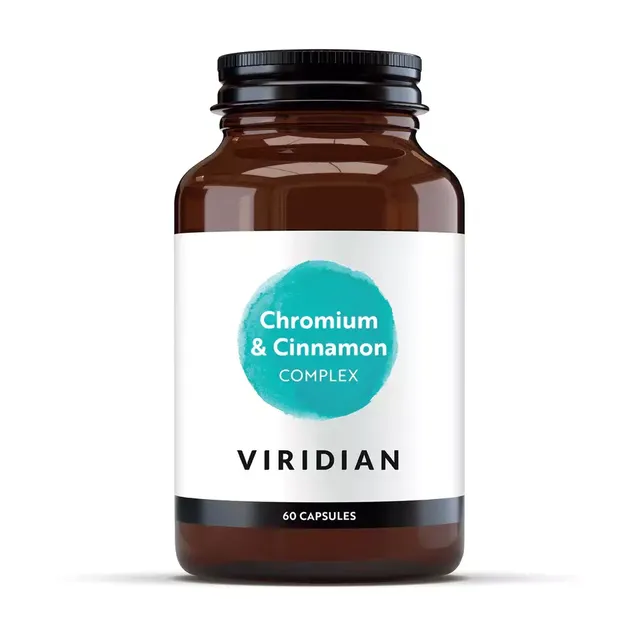Brown bottle of Viridian Chromium & Cinnamon Complex, 60 capsules.