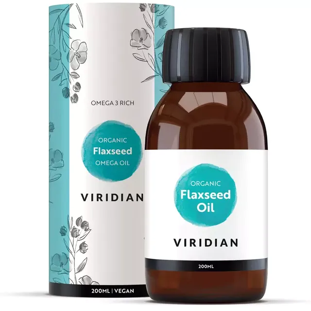 Organic Flaxseed Oil by Viridian, 200ml bottle with floral packaging. Omega 3 rich, vegan.