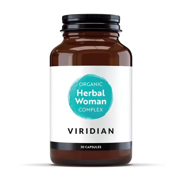 Brown bottle labelled "Organic Herbal Woman Complex" by Viridian, 30 capsules.