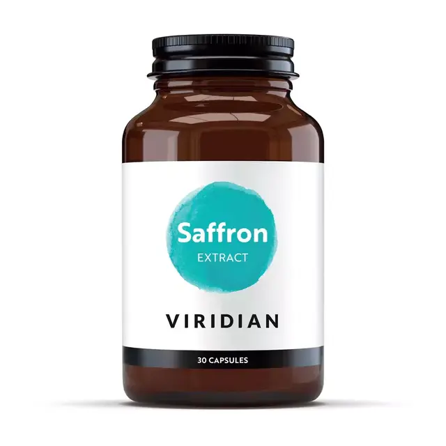Brown bottle labelled "Saffron Extract" by Viridian, contains 30 capsules.