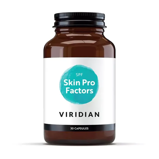 Brown bottle labelled "Skin Pro Factors" by Viridian, 30 capsules.