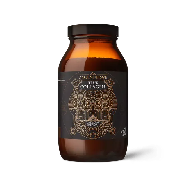 Brown jar with "Ancient + Brave True Collagen" label, geometric design, 200g.