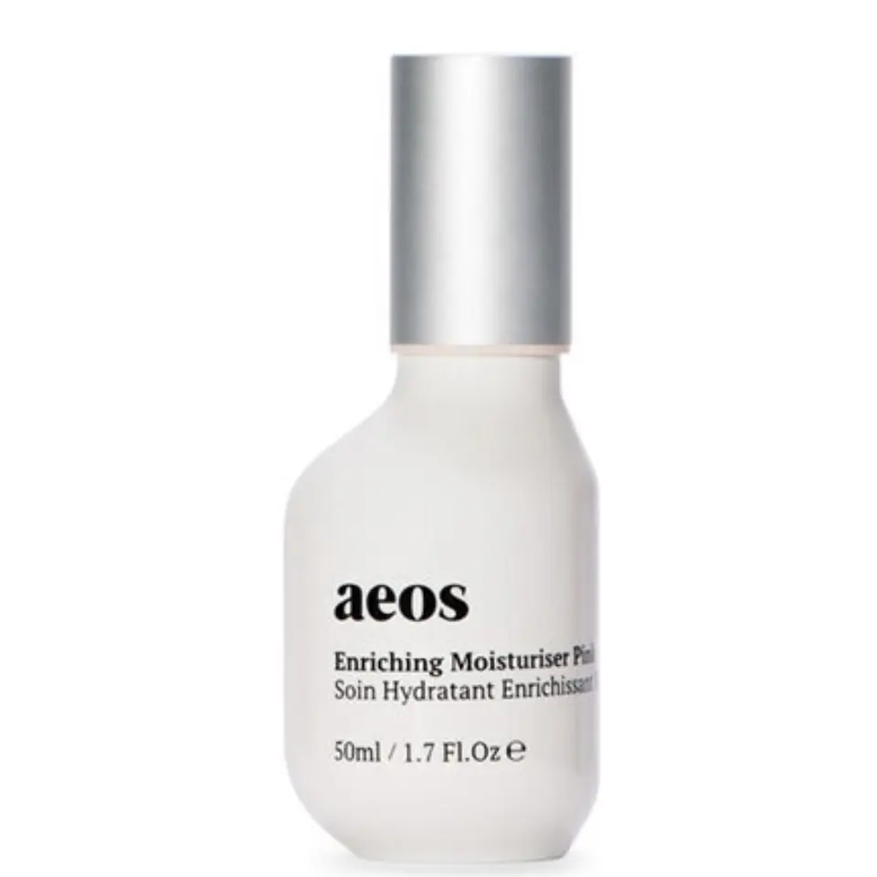 Aeos Enriching Moisturiser Plus, 50ml bottle with silver cap.