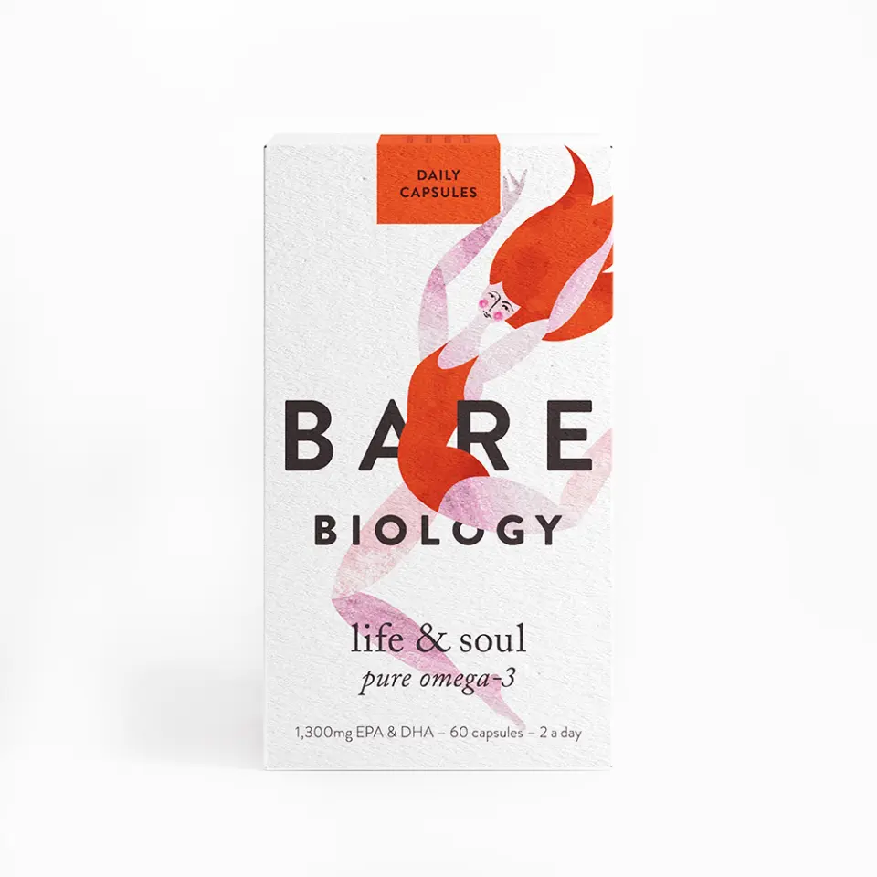 Bare Biology Life & Soul Omega-3 capsules, 60 count, daily use.
