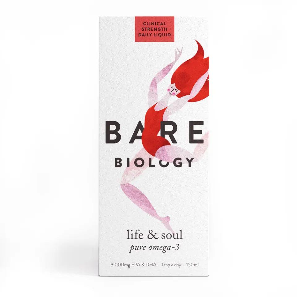 Bare Biology omega-3 liquid box with red-haired figure illustration.