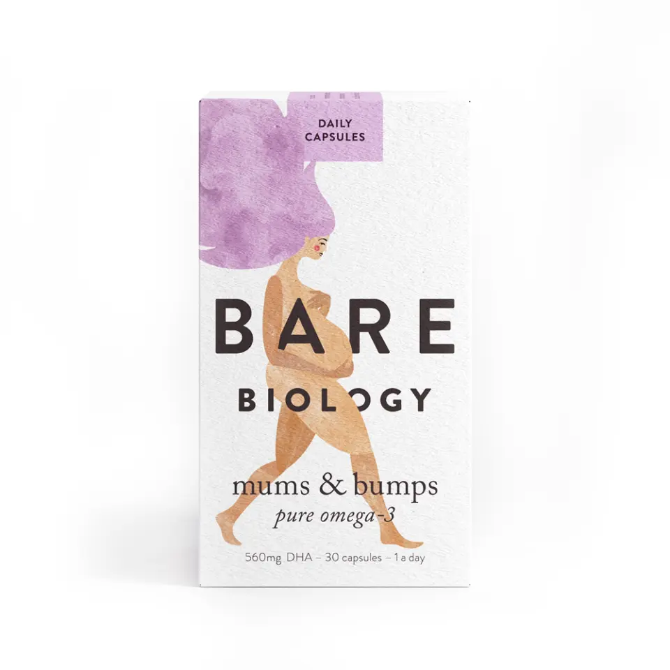 Bare Biology Mums & Bumps omega-3 capsules, 560mg DHA, 30 capsules, daily use.
