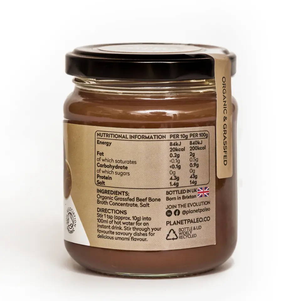 Jar of organic grass-fed beef bone broth with nutritional information and UK flag label.