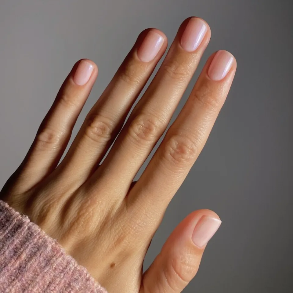 Hand with neatly manicured nails, wearing a pink knitted sleeve.