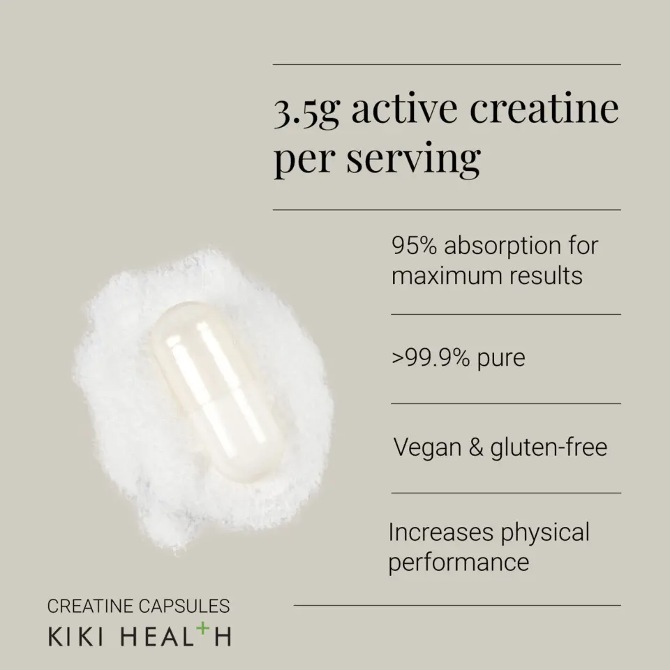 Creatine capsule on powder. Text: 3.5g active creatine, 95% absorption, vegan, gluten-free. Kiki Health.