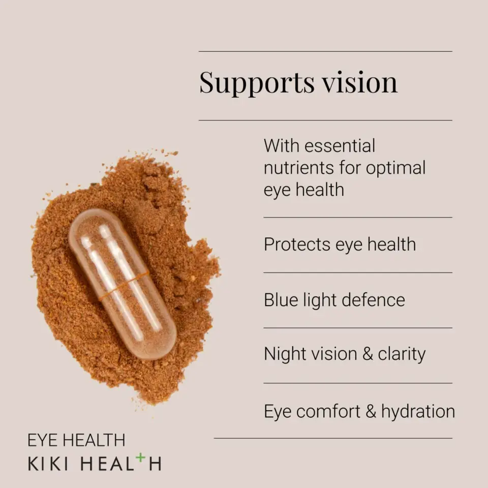 Capsule on brown powder, text: Supports vision, protects eye health, blue light defence.