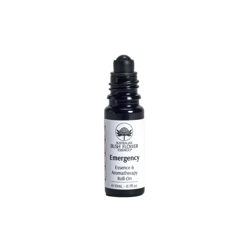 Black roll-on bottle labelled "Emergency Essence & Aromatherapy", 10ml.
