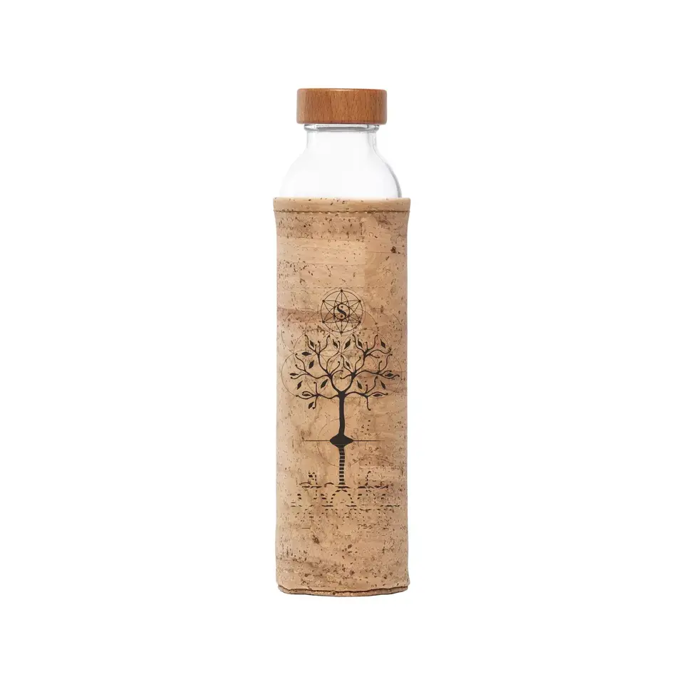 Glass bottle with cork sleeve, tree design, and wooden lid.