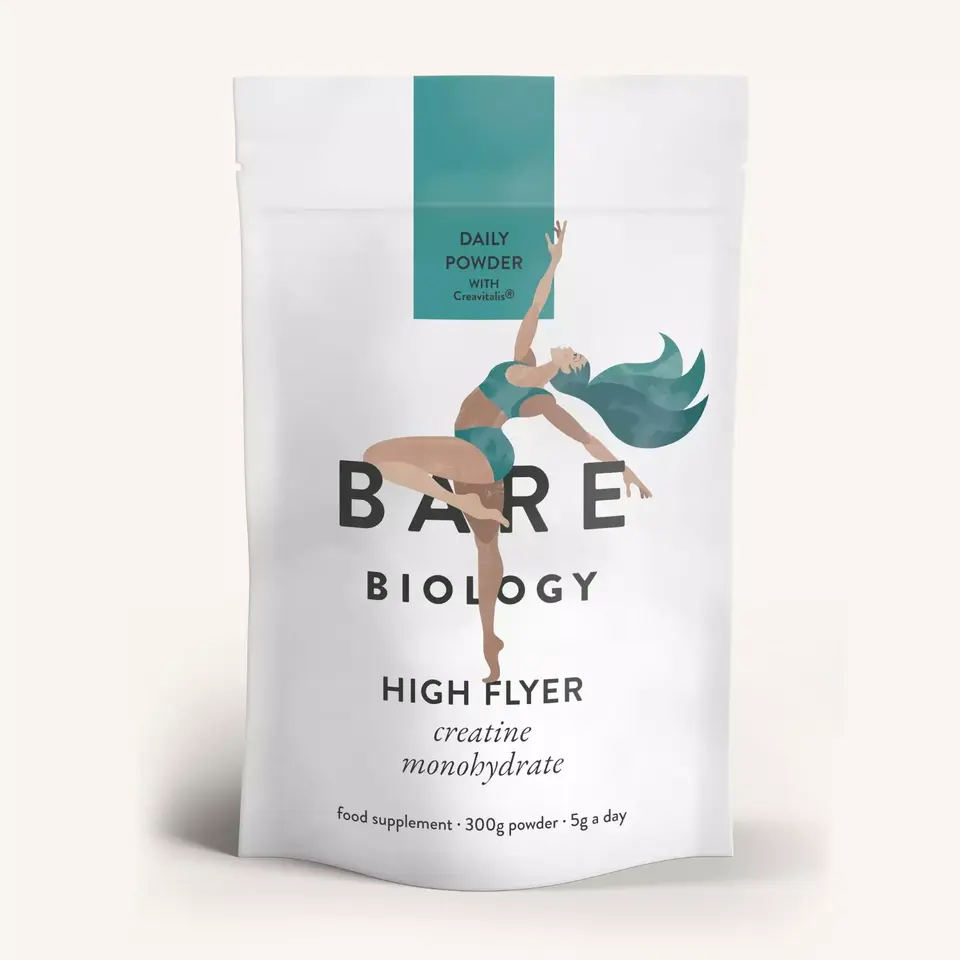 Bare Biology High Flyer creatine monohydrate, 300g powder, dancer illustration.