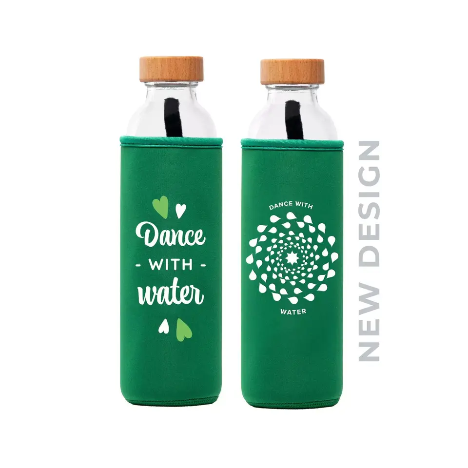 Green water bottles with "Dance with water" text and heart designs. New design label on side.