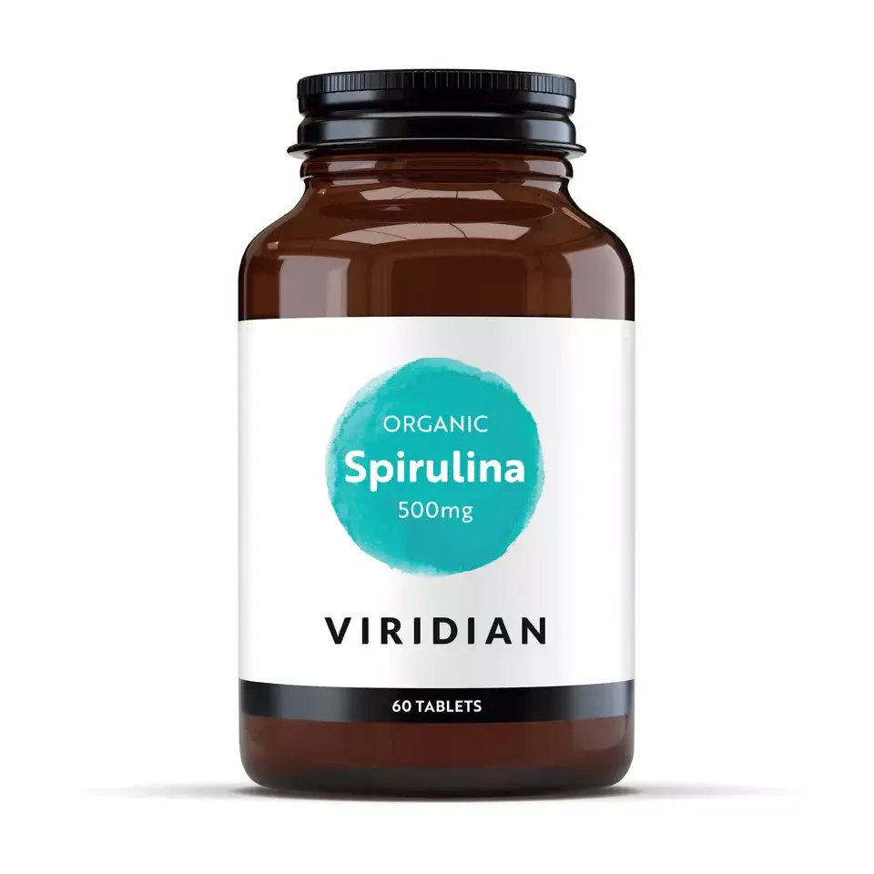 Brown bottle of Viridian Organic Spirulina, 500mg, 60 tablets.
