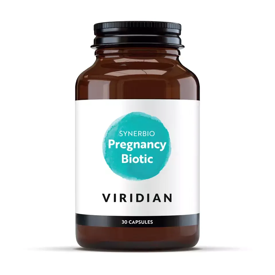 Brown bottle labelled "Synerbio Pregnancy Biotic" by Viridian, 30 capsules.