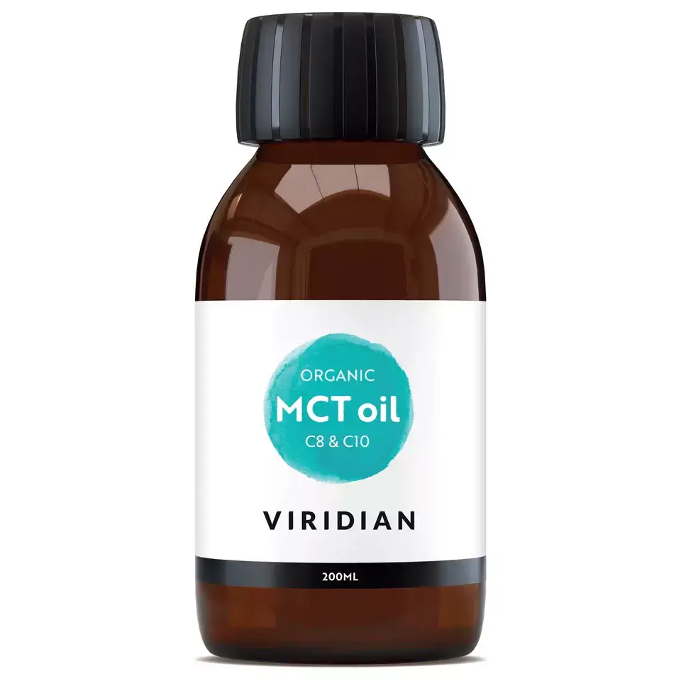 Brown bottle of Viridian Organic MCT oil, 200ml, with black cap.