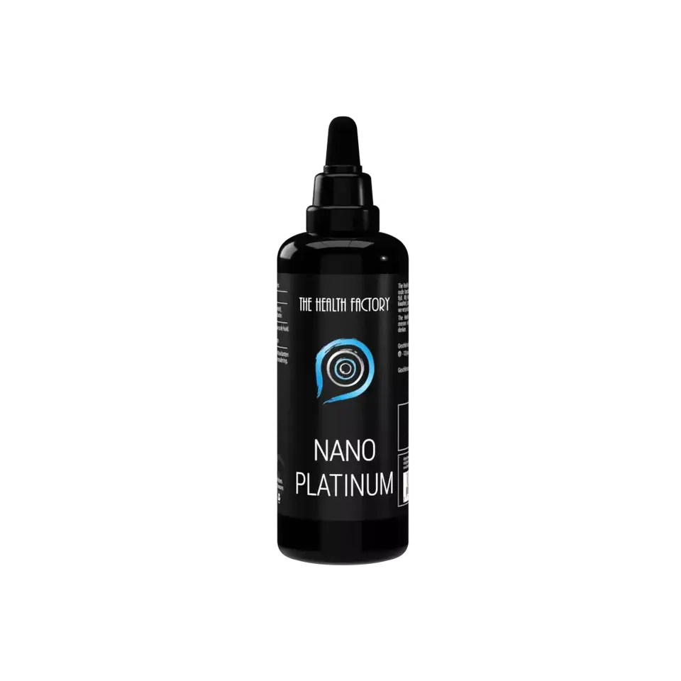 Black bottle labelled "Nano Platinum" by The Health Factory.
