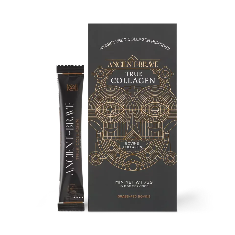 Black box of Ancient + Brave True Collagen with sachet. Hydrolysed peptides, grass-fed bovine.