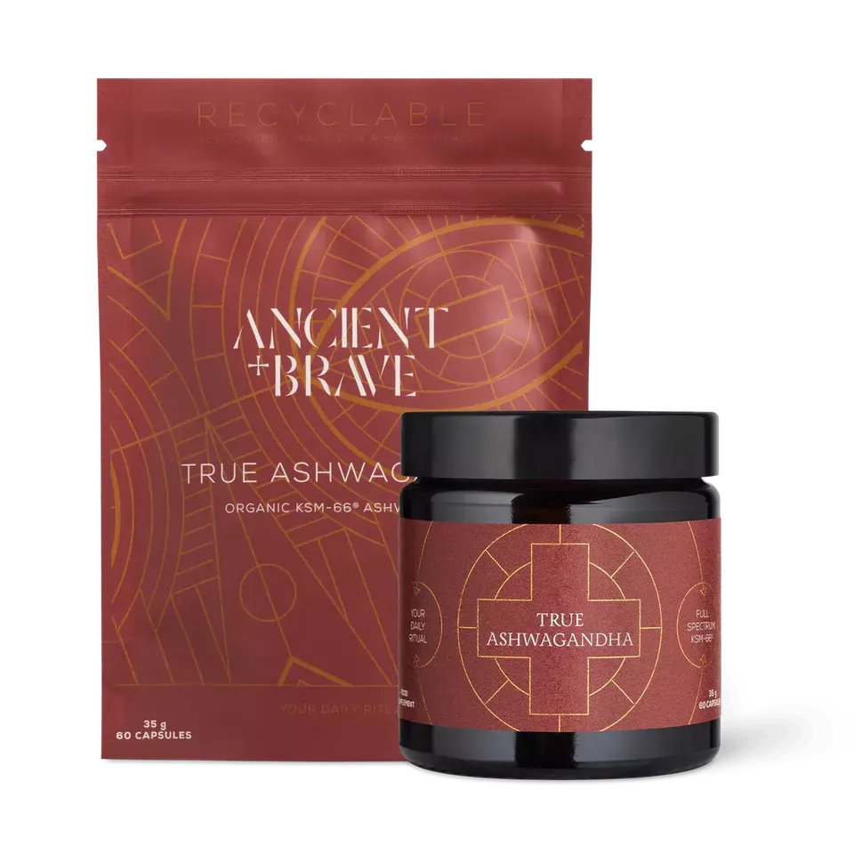 Ancient + Brave True Ashwagandha capsules, 35g, 60 capsules, in recyclable packaging.