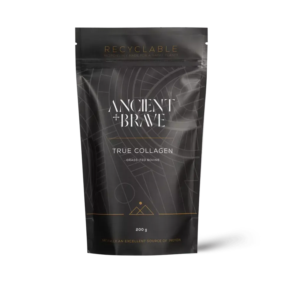 Recyclable pouch of Ancient + Brave True Collagen, 200g, grass-fed bovine.