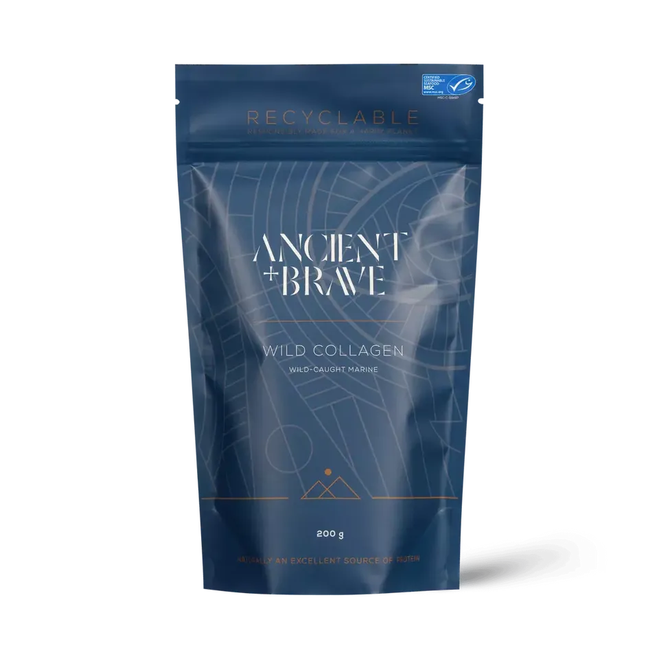 Ancient + Brave Wild Collagen, 200g, recyclable blue packaging.