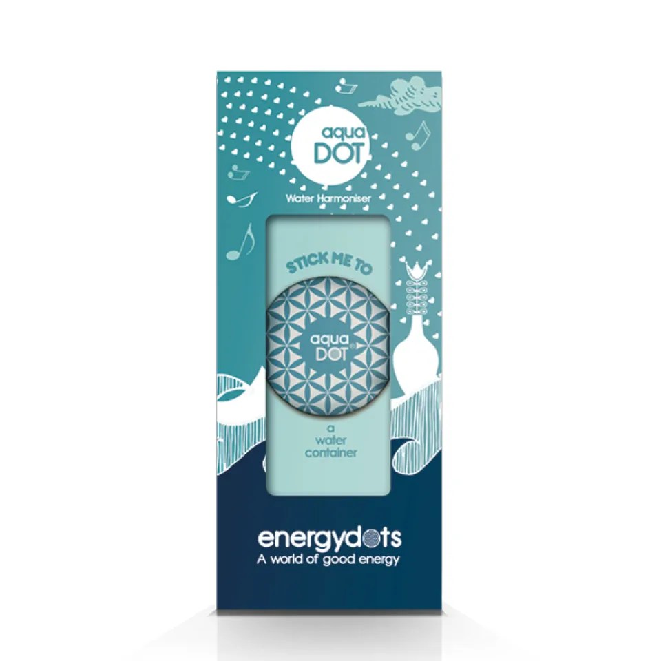 AquaDOT Water Harmoniser packaging with geometric design and text "Stick me to a water container".