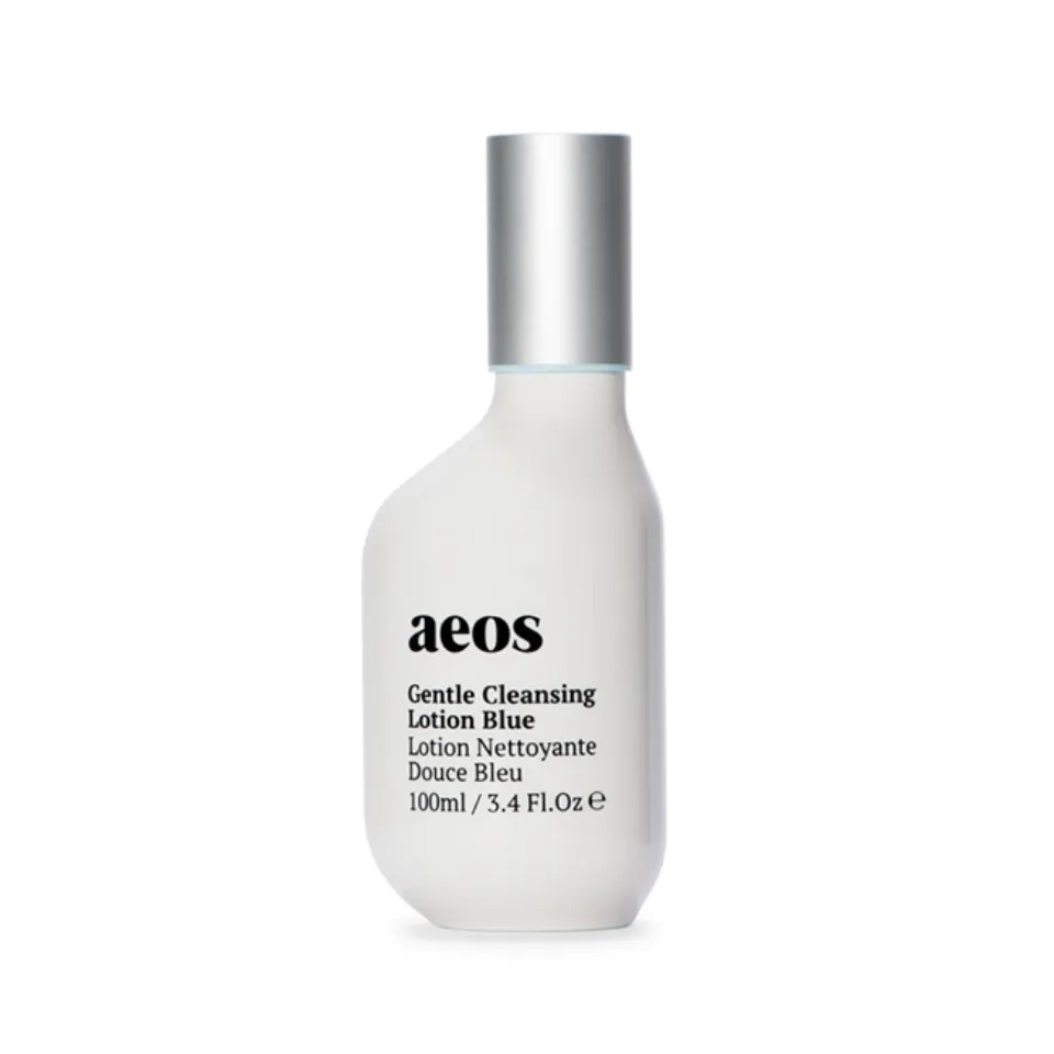 Aeos Gentle Cleansing Lotion Blue, 100ml bottle with silver cap.