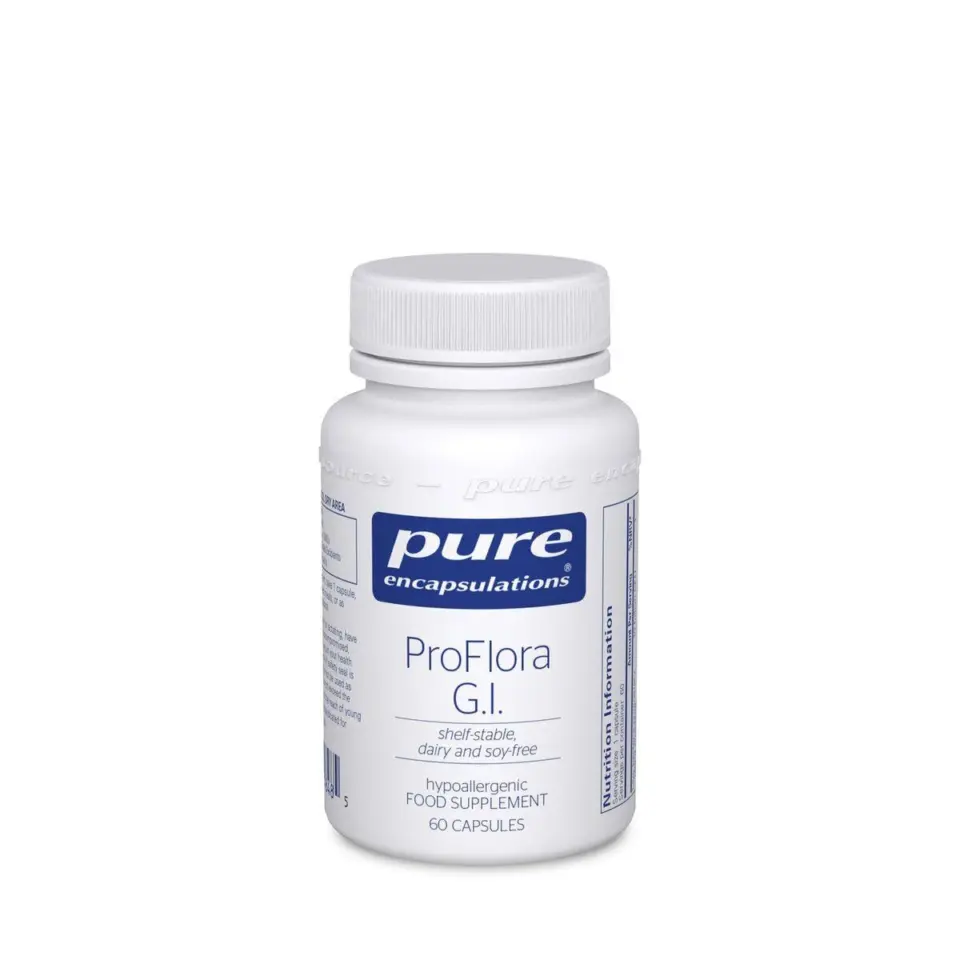 White bottle of Pure Encapsulations ProFlora G.I. supplement, 60 capsules, hypoallergenic.