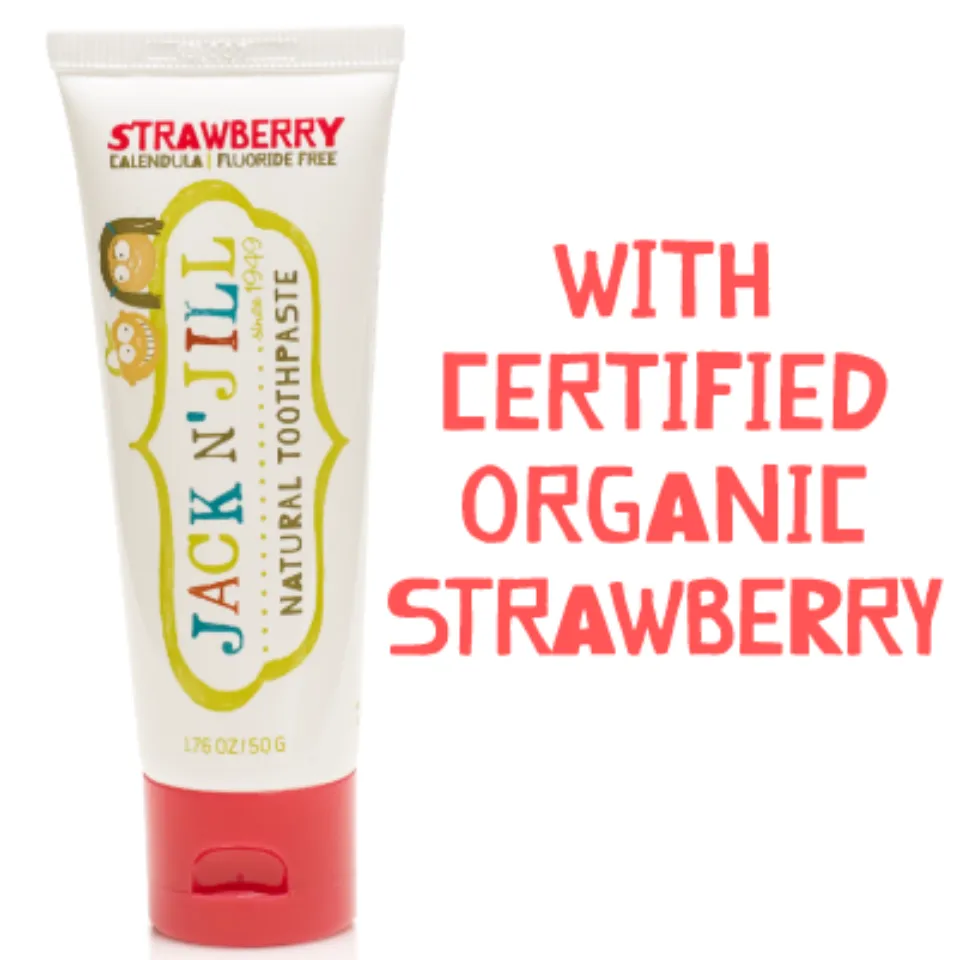 Jack N' Jill natural toothpaste, strawberry flavour, 50g tube. Certified organic strawberry.