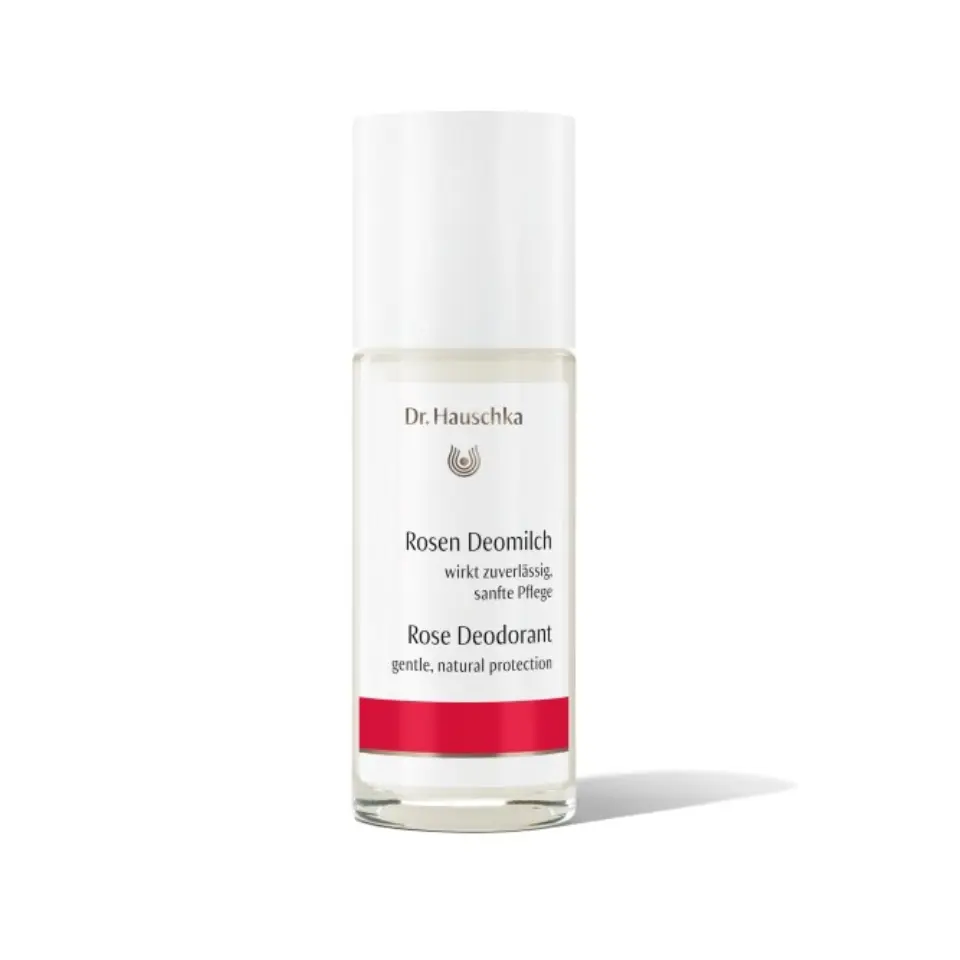 Dr. Hauschka Rose Deodorant bottle with white cap and red label.