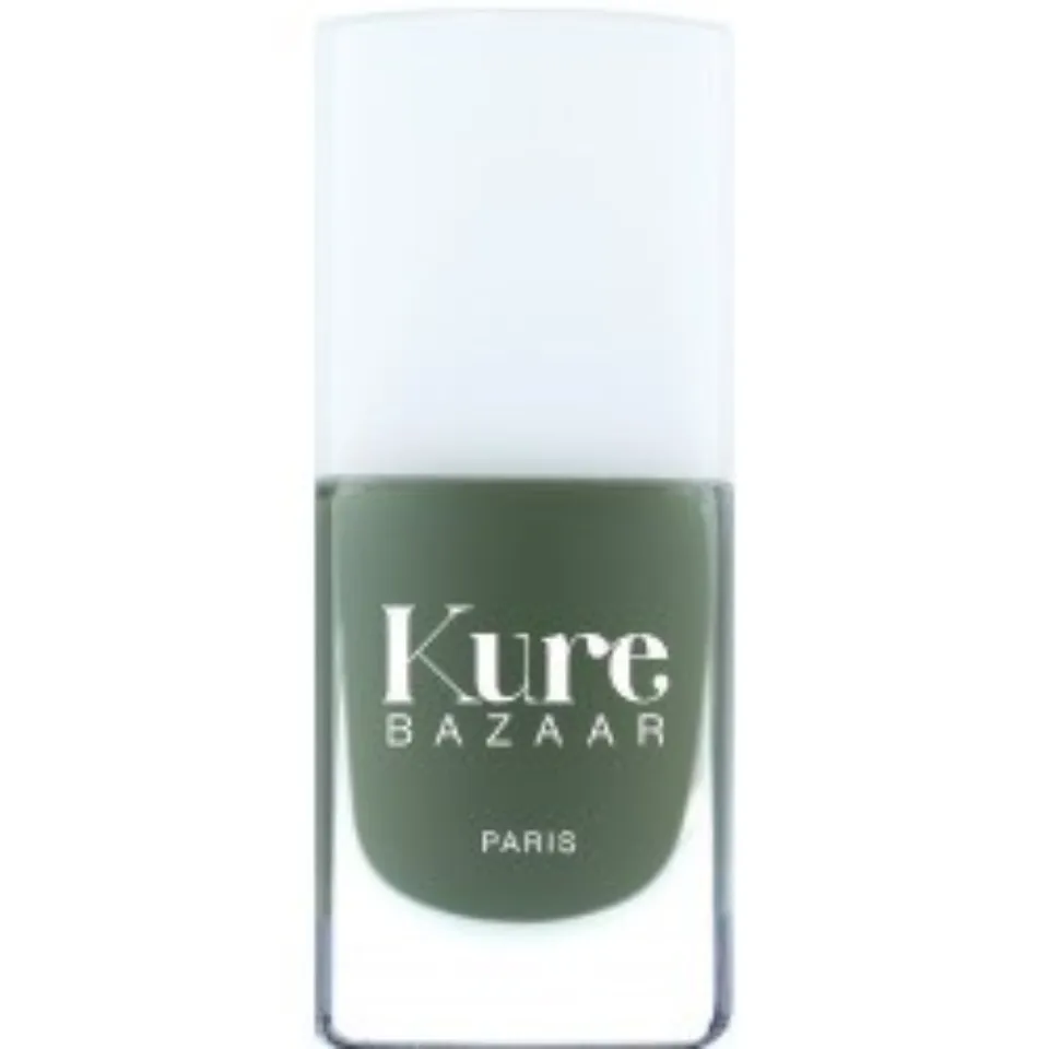 Kure Bazaar nail polish bottle, green shade, white cap.