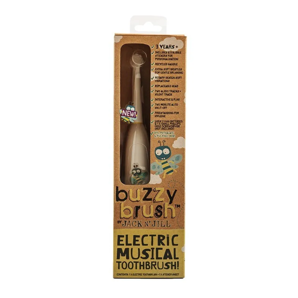 Buzzy Brush electric musical toothbrush for ages 3+, includes stickers, soft bristles, replaceable head.