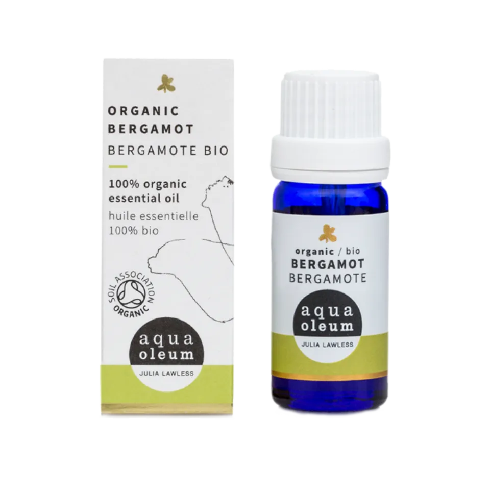 Organic bergamot essential oil bottle and box, aqua oleum brand.
