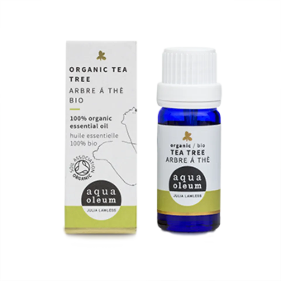 Organic tea tree essential oil bottle and box, aqua oleum brand.