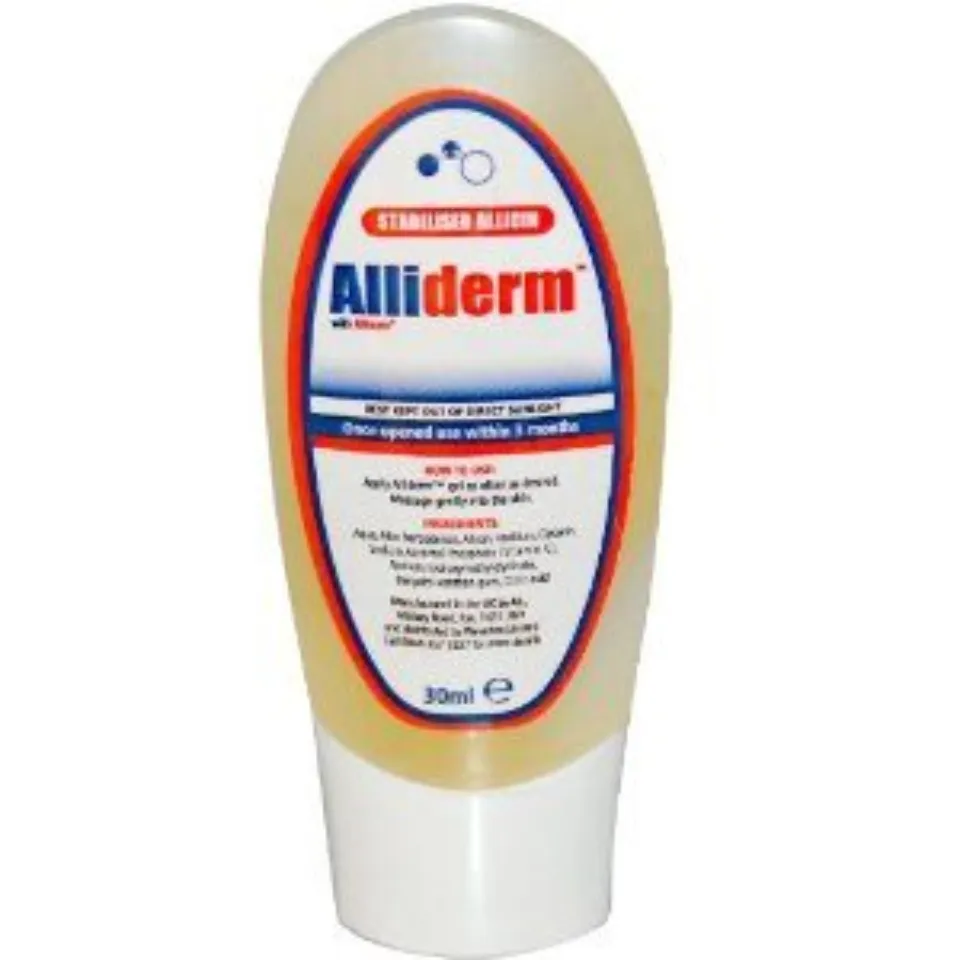 Alliderm gel tube, 30ml, with usage instructions and ingredients listed on the label.