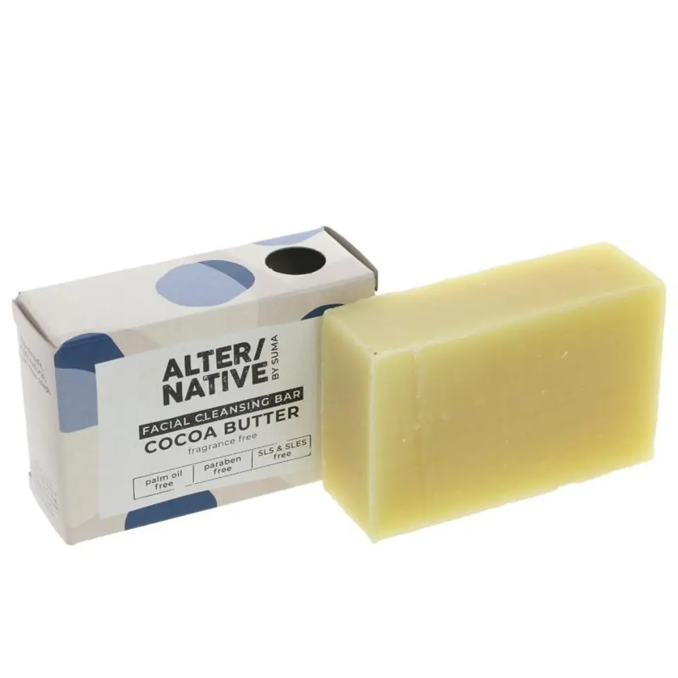 Cocoa butter facial cleansing bar with packaging. Fragrance, palm oil, and paraben free.