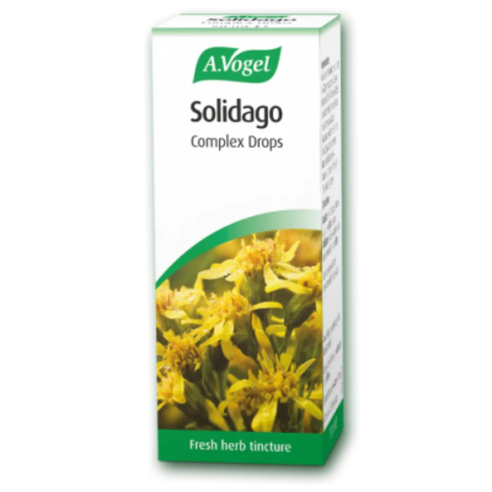 A.Vogel Solidago Complex Drops box with yellow flowers and "Fresh herb tincture" text.