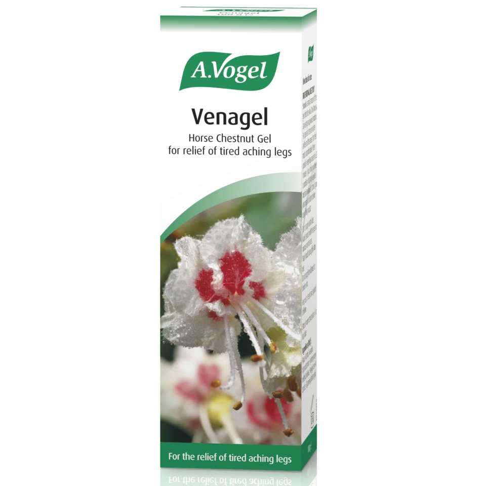 Venagel horse chestnut gel box with red flower image. Text: "For the relief of tired aching legs".