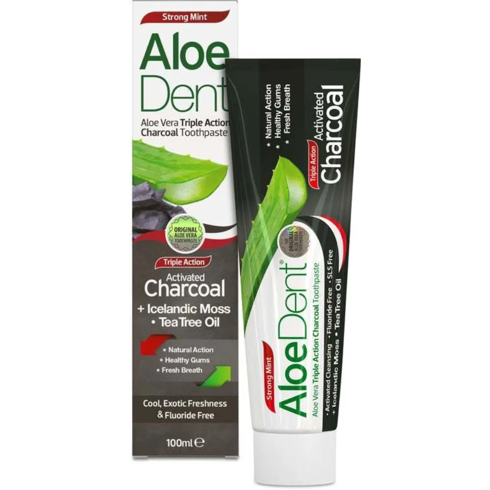 Aloe Dent Charcoal Toothpaste, strong mint, 100ml, with Icelandic moss and tea tree oil.